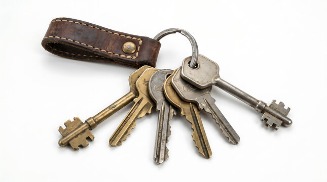 Bundle of old metal keys on leather keychain