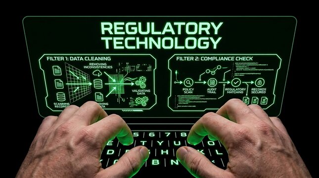 Regulatory Technology RegTech Concept with Digital Interface and Hands on Keyboard.