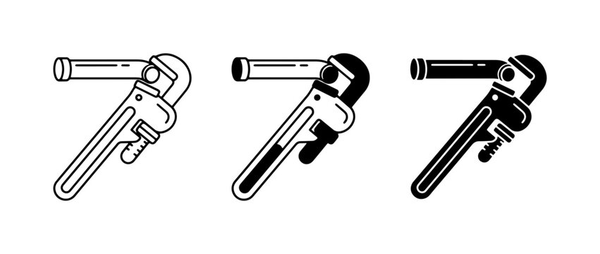 Pipe Wrench Icons, Plumbing Tool Set, Industrial Equipment Vector Graphics