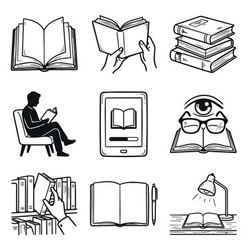 Collection of various book reading and learning illustrations.