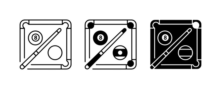 Billiard Table Icons, Pool Game Symbols, Cue Stick and Balls, Vector Graphics Set