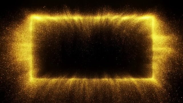 Slow motion static shot of golden particles radiating and expanding around glowing rectangular frame in dark space studio with shimmering gold border and sparkling drift
