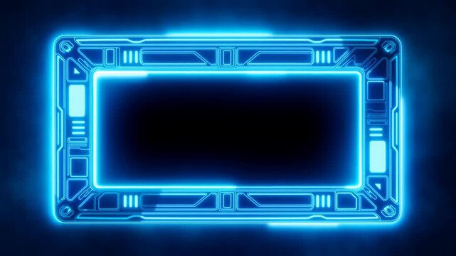 Slow motion static shot of glowing neon rectangular frame pulsing and flickering like sci fi interface display in dark futuristic studio background