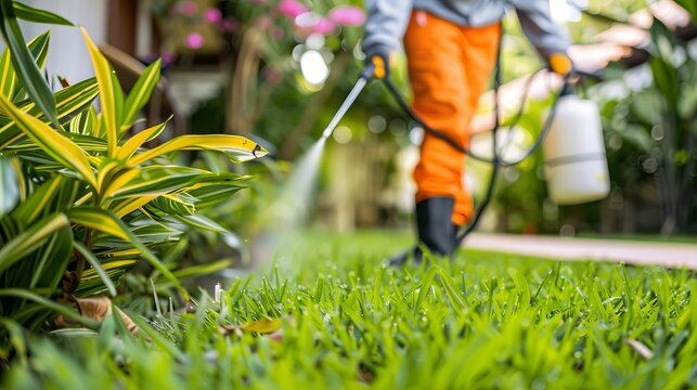 Professional worker applying pest control on lush green lawn for effective pest management solutions
