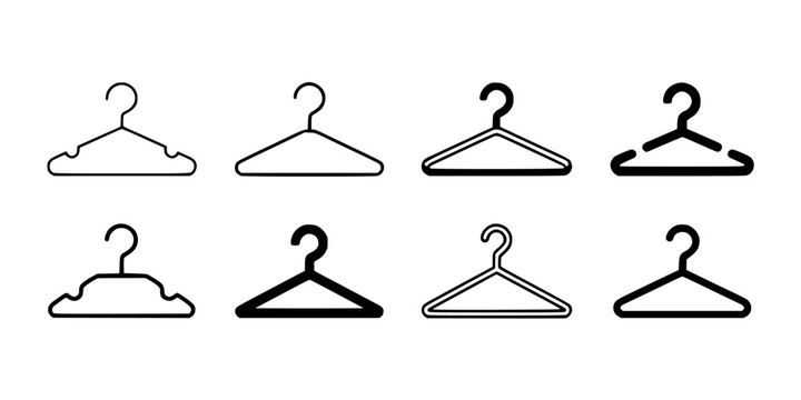 Hanger Icons Set of Clothing Hangers with Question Marks, Minimal Black Line Artwork on White Background