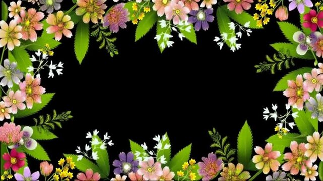 Panning slow shot of floral border shifting across black background revealing central negative space in studio setting