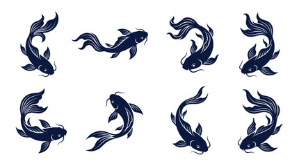 Fototapeta premium Set of Japanese Koi Fish Illustrations, Dark Blue Silhouettes on White Background