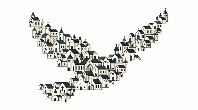 A flock of houses fly through the air in a vector illustration