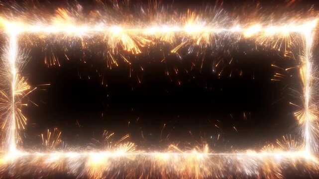 Slow motion static shot of rectangular spark frame flickering and scattering embers around black center on dark background