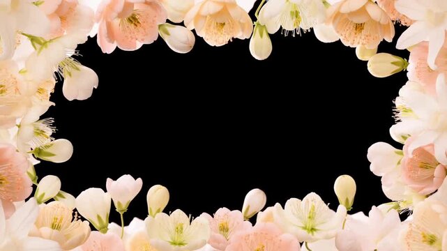 Panning shot of floral border slowly revealing black studio backdrop with pink and white blossom frame on seamless background