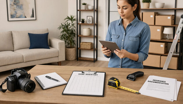 Young woman using tablet to manage home inventory and organization with tablet computer living room tape measure inventory organization management planning checklist decluttering