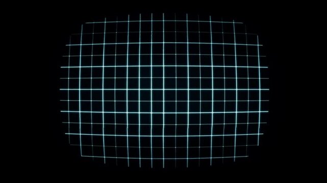Slow motion static shot of glowing neon grid warping and scrolling across curved screen in black studio void with subtle pulsating cyan blue matrix pattern