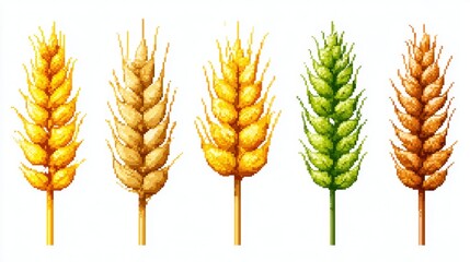 Obraz premium Five wheat ears in varied colors on a white background, depicted in pixel art style