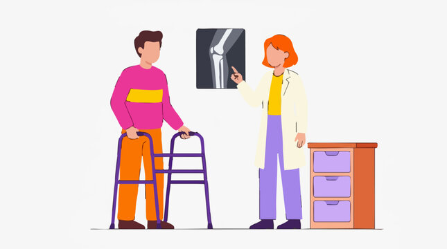 Doctor and patient review knee X-ray during medical consultation with walker