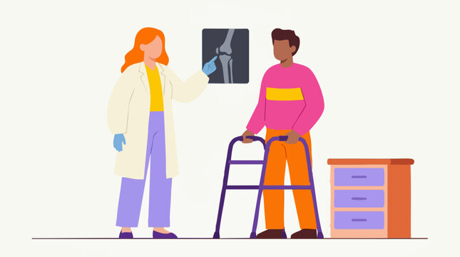 Doctor explains knee X-ray to patient using a walker in medical clinic