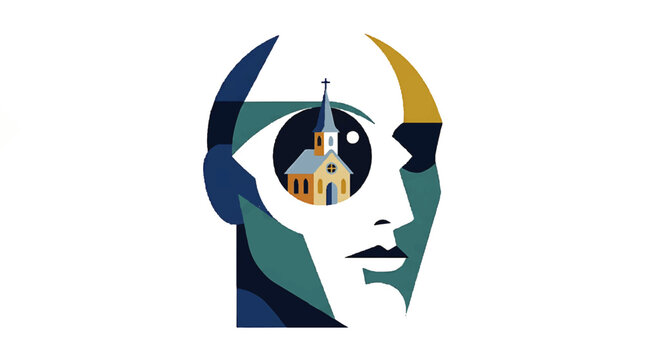 A futuristic illustration of a human head with a stylized eye revealing a tower inside, surrounded by abstract shapes and colors.
