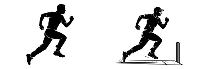 Obraz premium Cricket fielder running silhouette vector illustration set for sports graphics.