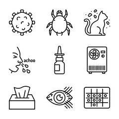 Allergy symptoms and common triggers medical line icon set with symptoms sneezing purifier calendar sickness © Juwel