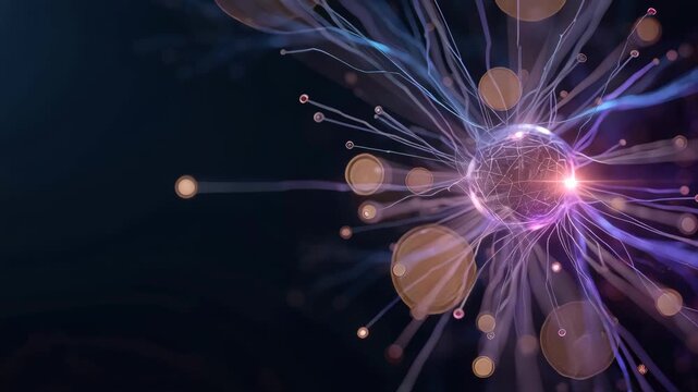 Neural network node glowing electric purple filaments with layered concrete texture and warm