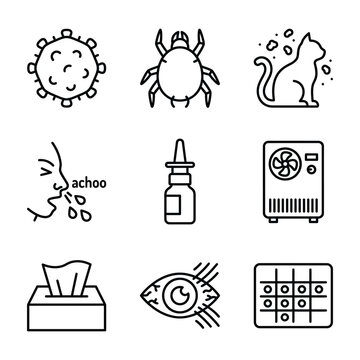 Allergy symptoms and common triggers medical line icon set with symptoms sneezing purifier calendar sickness