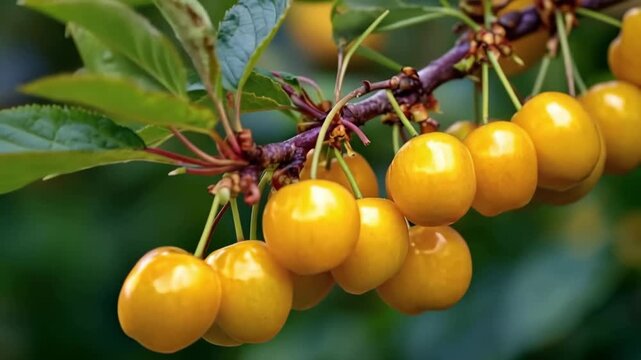 Ripe yellow cherries hanging from a tree branch with green leaves