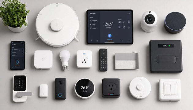 Various smart home technology devices and internet of things gadgets on grey backdrop with automation technology connected wireless electronics internet installation equipment automated