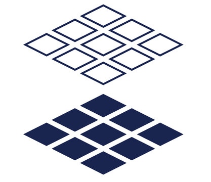 Two sets of nine isometric diamonds, one outlined and one solid, arranged in a 3x3 grid pattern.