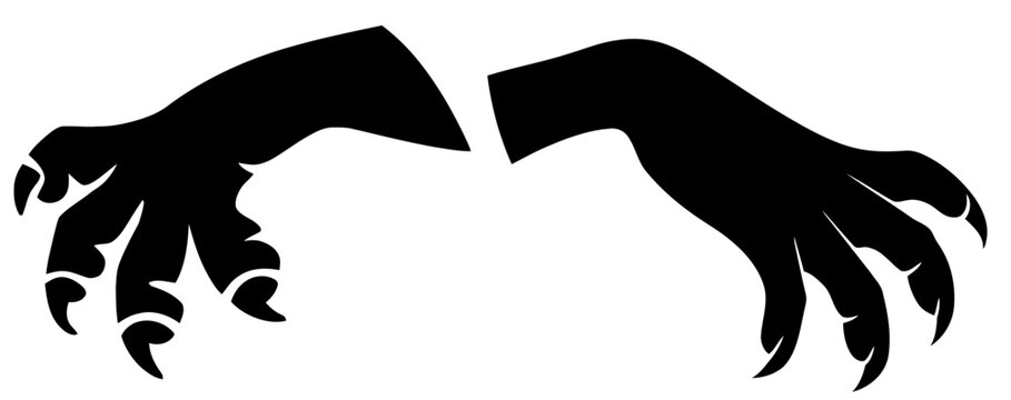 Sharp monster claws reaching forward in this bold black and white vector graphic design illustration featuring aggressive beast hands with detailed curved talons isolated on a clean white digital back