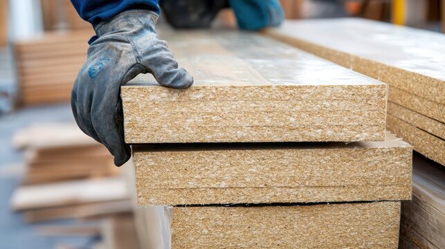 Carpenter wearing work gloves stacks multiple layers of oriented strand board panels in a workshop environment.