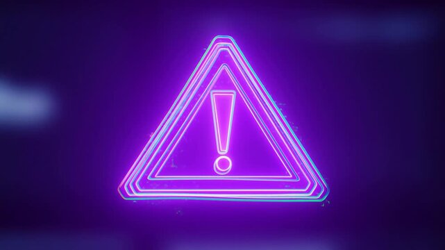 Tracking shot with subtle zoom of neon warning triangle icon pulsing, flickering and glitching as it enlarges over dark digital interface screen in futuristic cyber display environment