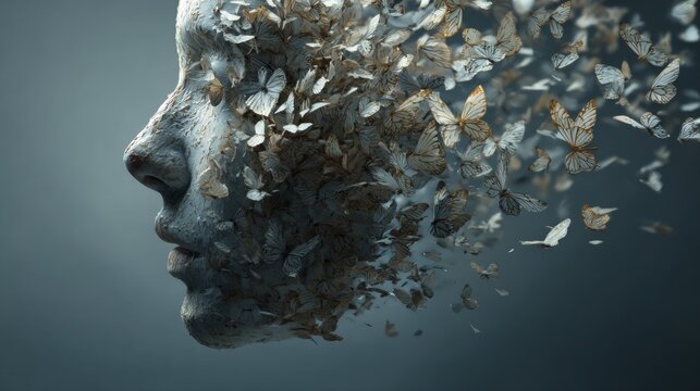 Human face dissolving into butterflies flying away, emotional concept of transformation, soft lighting, high detail surreal art