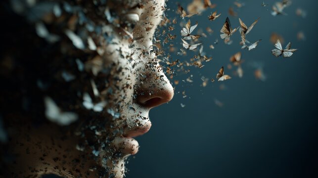 Human face dissolving into butterflies flying away, emotional concept of transformation, soft lighting, high detail surreal art
