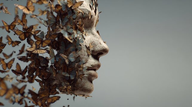 Human face dissolving into butterflies flying away, emotional concept of transformation, soft lighting, high detail surreal art