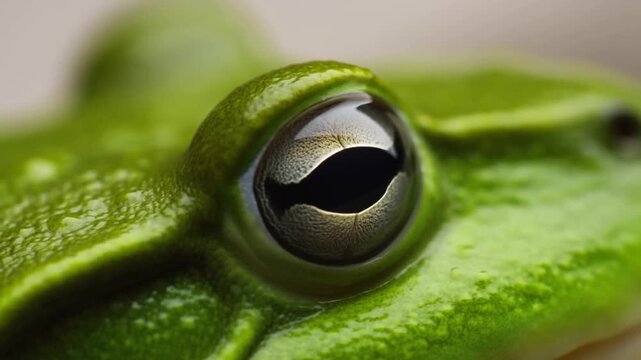 Macro tracking shot of tree frog eye blinking and shifting on wet green skin close up on leaf in studio rainforest setting