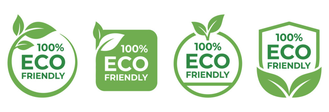 Collection of four distinct green eco friendly badges with leaves and text on transparent background