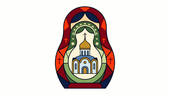 A colorful illustration of a Russian nesting doll depicting a mosque surrounded by ornate patterns and designs.