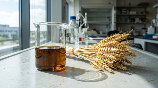 Wheat research and bio fuel liquid in glass beaker inside laboratory