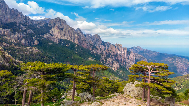 Corsica, Drone view of the Aiguilles de Bavella. The Aiguilles de Bavella dominate the Col de Bavella at 1218 m, connecting the Alta Rocca to the east coast of Corsica.