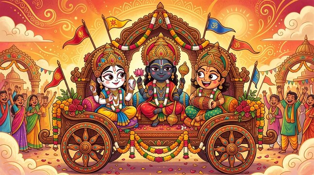 Vibrant illustration depicting the deities jagannath balabhadra and subhadra on a chariot during rath yatra
