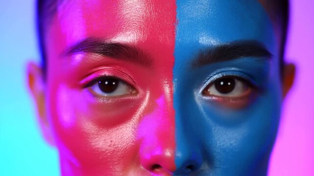 Static close up shot of painted face with half red half blue makeup as subject shifts gaze in neon studio backdrop