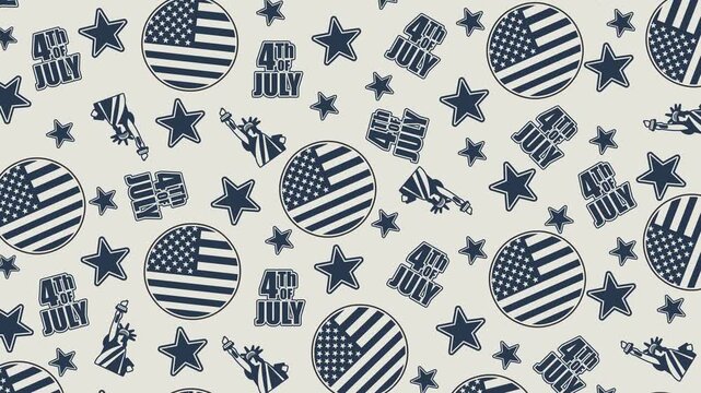 Looping 4K animation featuring a seamless monochrome patriotic pattern with American flag badges, Statue of Liberty icons, stars, and 4th of July text, ideal for holiday backgrounds, event screens.