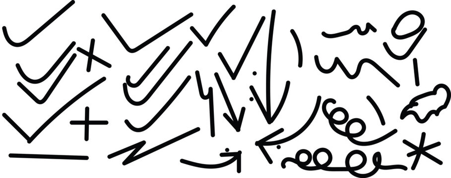 Hand drawn doodle arrows, check marks and scribble symbols collection with marker strokes for notes, annotations and graphic design on white background