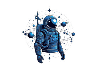Stylized Blue Astronaut Illustration in Space with Planets and Stars, Sci-Fi Galaxy Explorer Graphic Art © yuli
