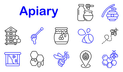 Apiary beekeeping set icon. Line style icons display honey bottles, beehive house, hive boxes, honey dipper, honey jar, pollen shapes, flying bee, hive location, honeycomb cells, nectar process © Anastasia