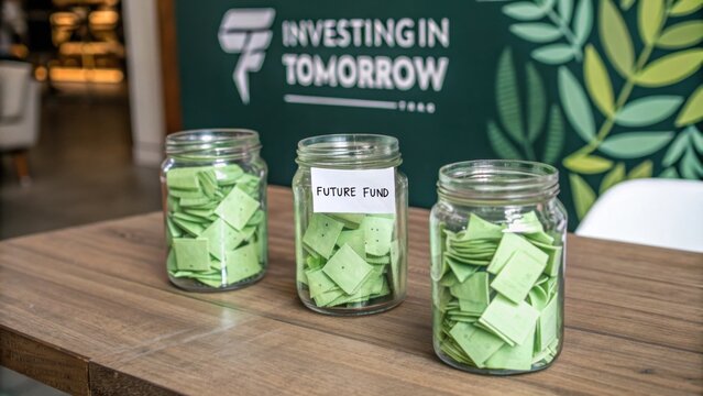 Green Investment Fund Jars on Wooden Table with Investing in Tomorrow Background and Leafy Pattern Displayed for Stock Photography