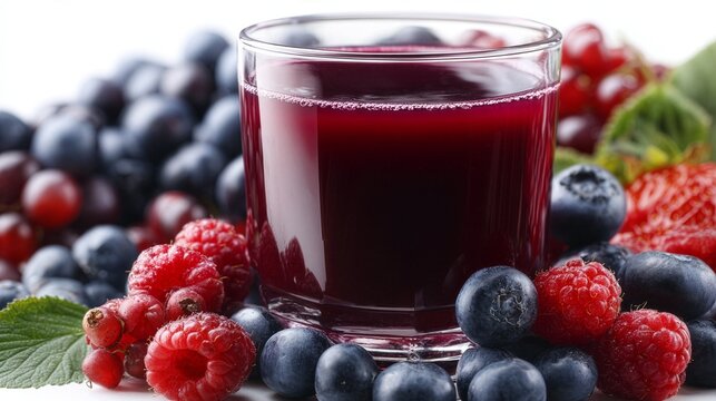 Nutritious dark red mixed fruit juice in a glass with a pile of fresh forest berries and grapes