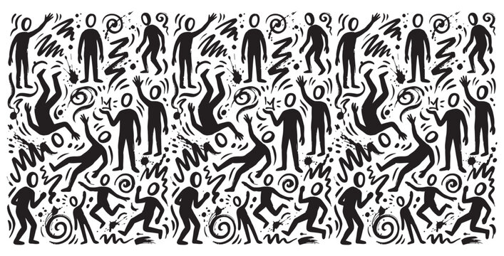 A dynamic pattern of black stick figures in various dancing and falling poses on transparent background