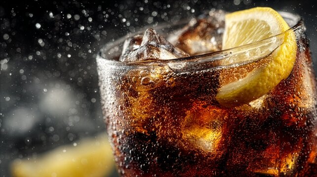 Fizzy dark soda drink with splashing ice cubes and a slice of fresh lemon
