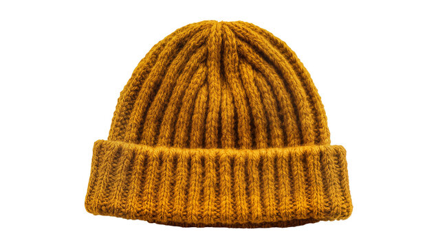 Mustard yellow ribbed knit beanie hat, isolated on transparent background