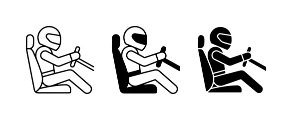 Obraz premium Racing Driver Icon Set, Formula 1 Pilot, Motorsport Seat, Steering Wheel, Vector Graphics
